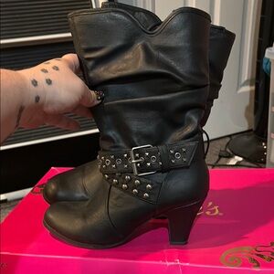Candies Women's Black Leather Boots with Studded Strap